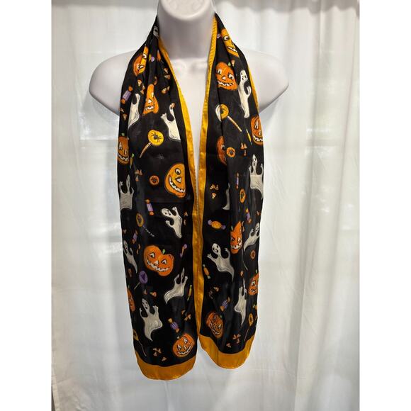 Vintage Halloween Scarf 10x60 Jack O’ Lanterns Ghosts Candy Corn Black Orange - Picture 2 of 4